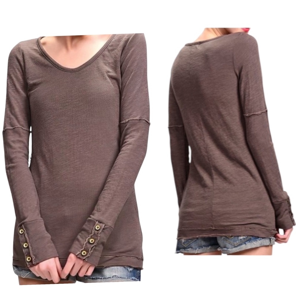 Americanable brown long-sleeve v-neck tunic top button cuff boho indie grunge S